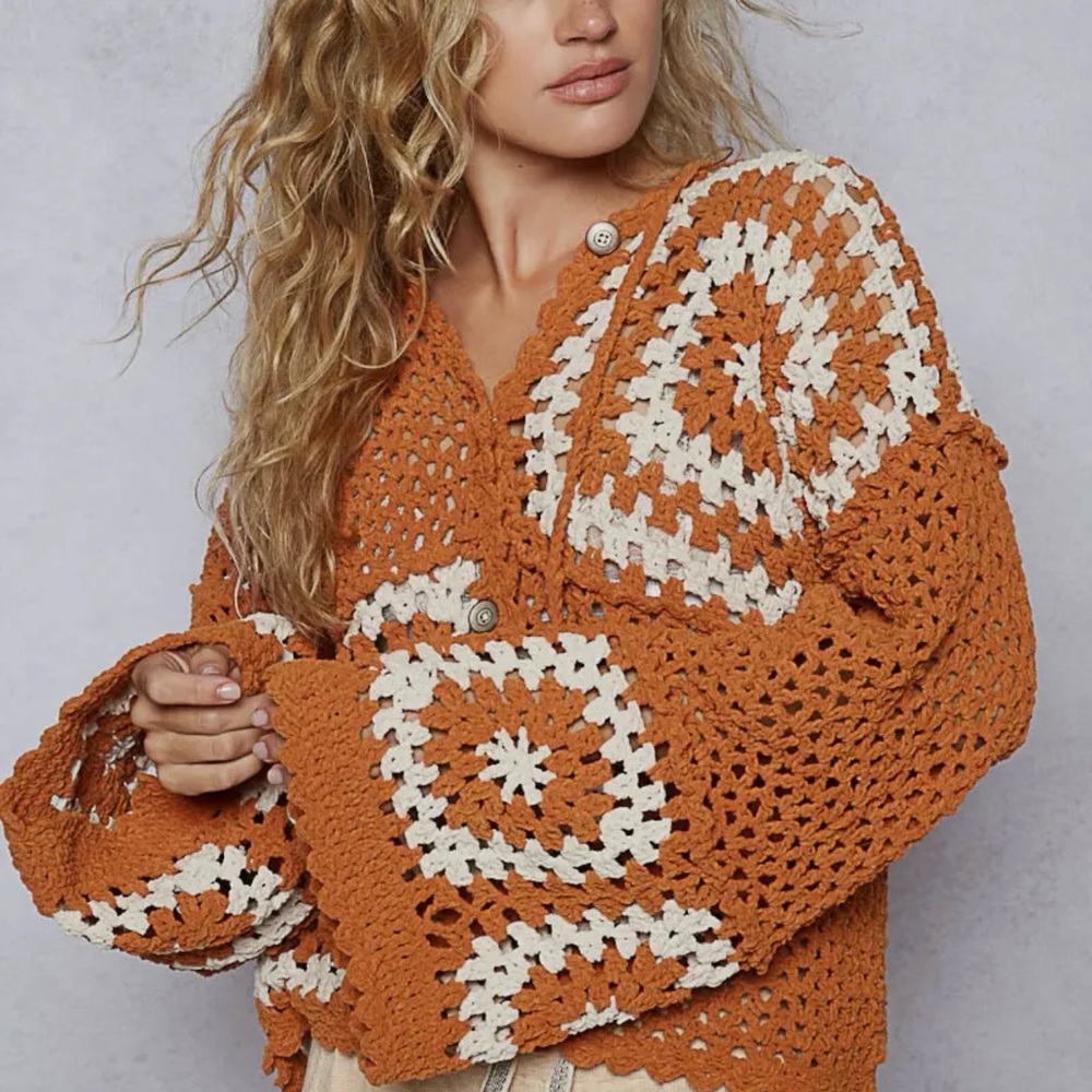 Orange and White Crochet Sweater - Picture 2 of 3